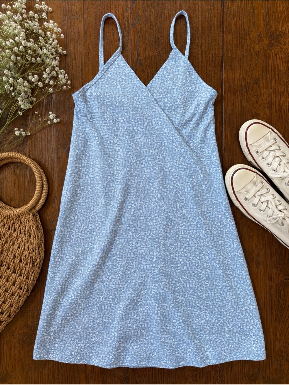 Brandy Melville Blue Floral Wrap Cami Mini Dress Made in Italy Cotton